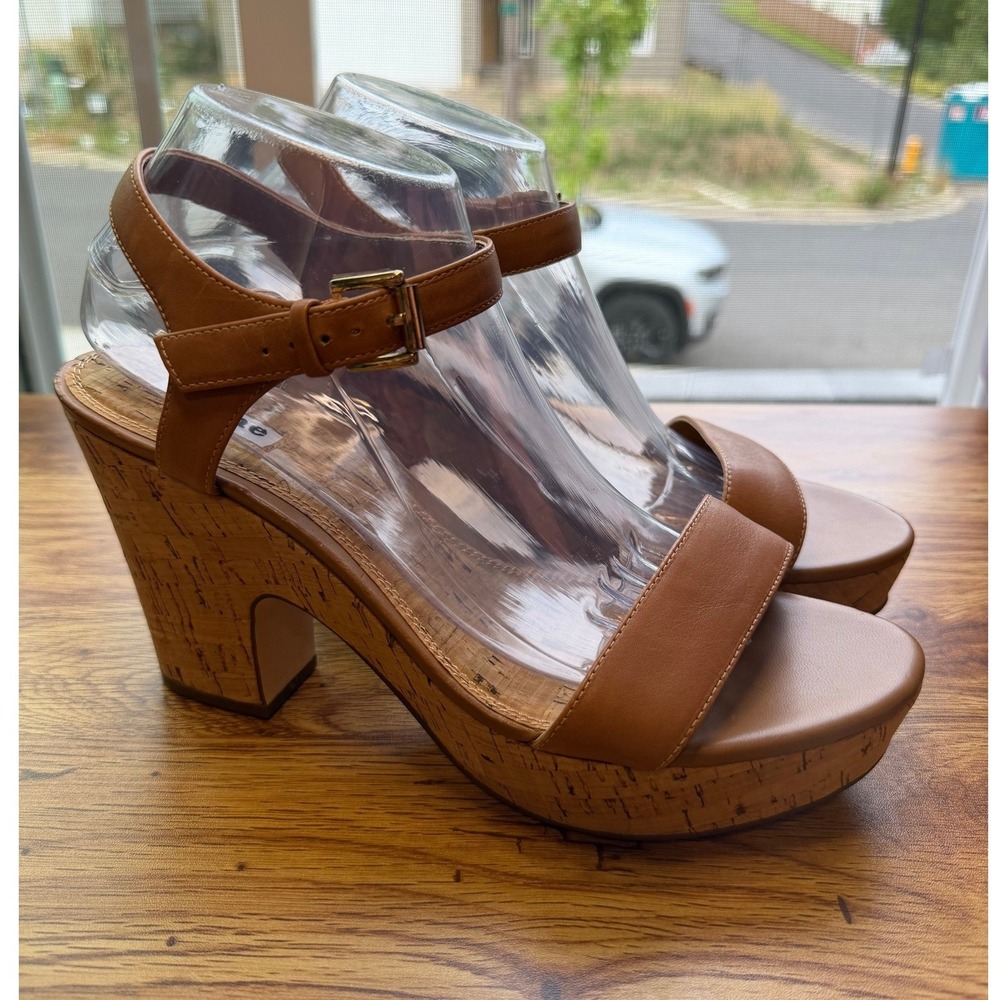Dune London Tan Leather Cork Platform Sandals Block Heel Size US 11/EU 41